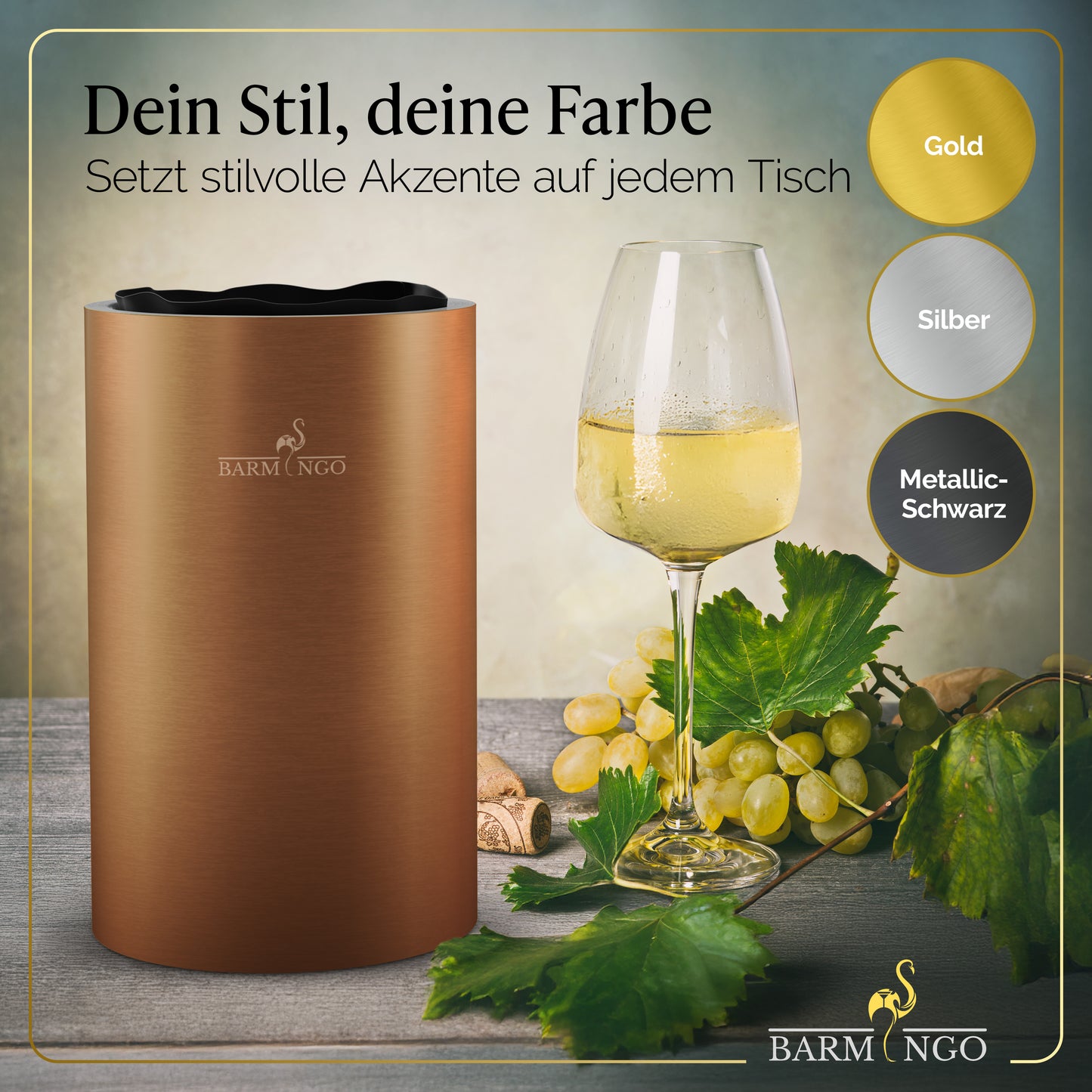 BARMINGO Weinkühler mit 2 Kühlakkus | Farbe: Kupfer | Für Wein, Sekt, Champagner | Edelstahl Flaschenkühler doppelwandig