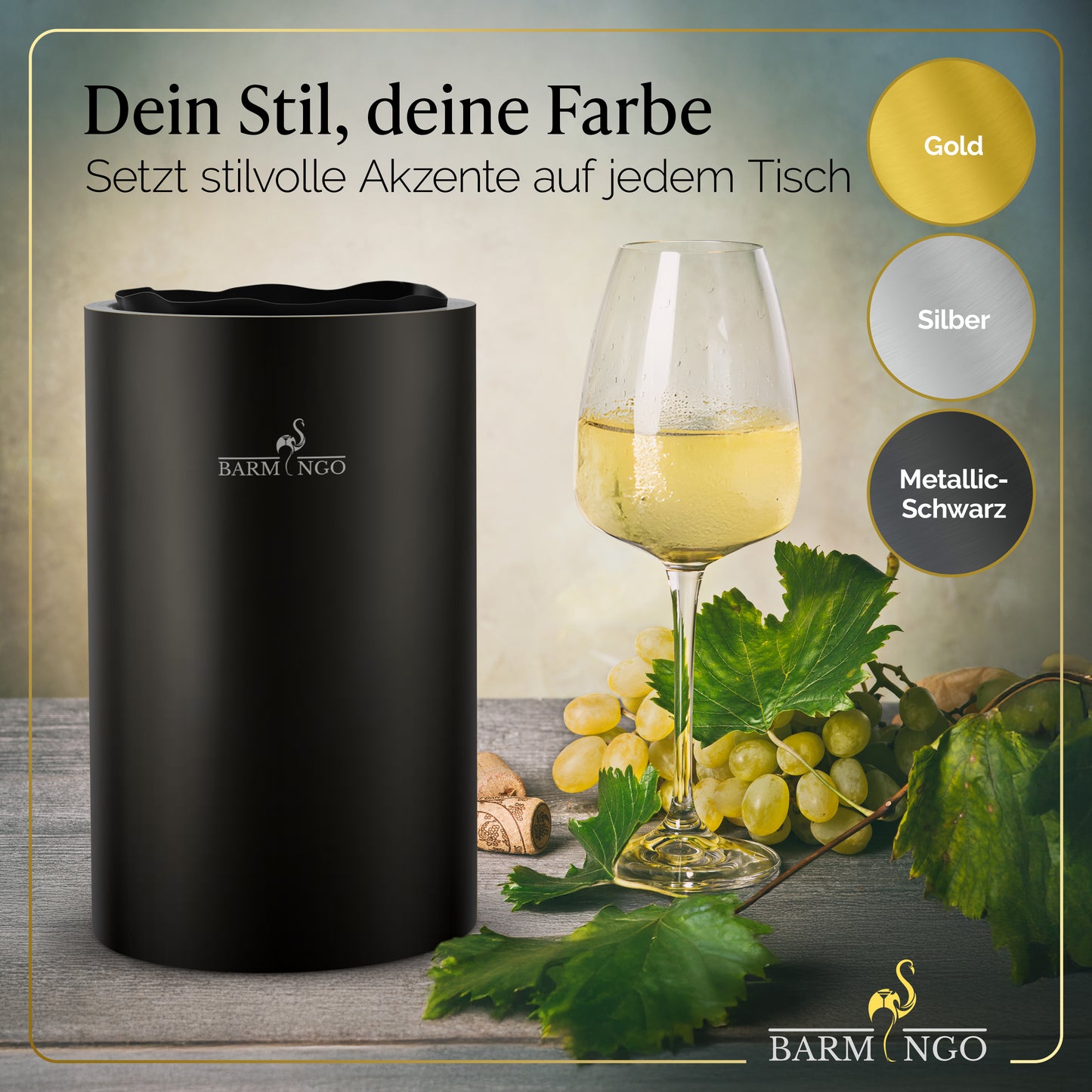 BARMINGO Weinkühler mit 2 Kühlakkus | Farbe: Schwarz-Matt | Für Wein, Sekt, Champagner | Edelstahl Flaschenkühler doppelwandig