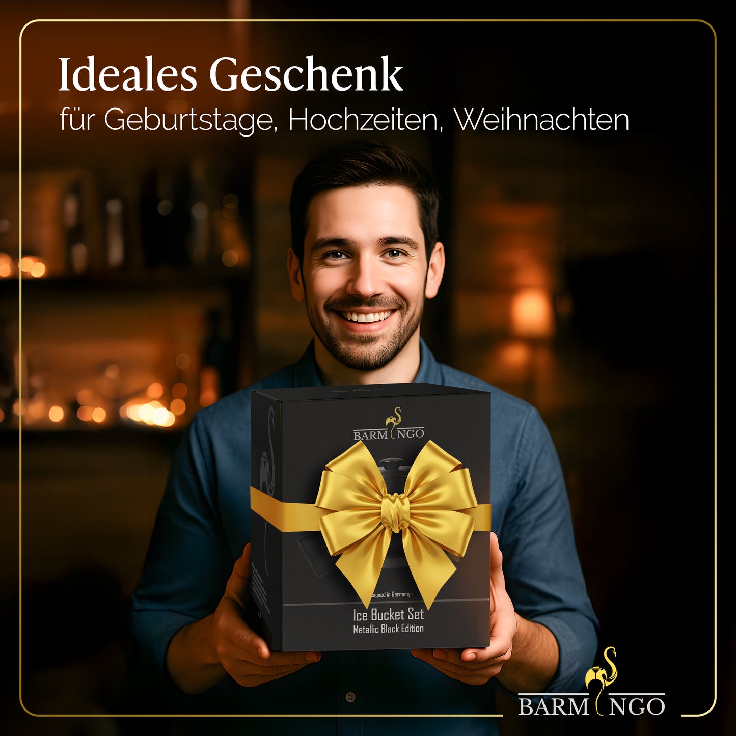 BARMINGO Eiswürfelbehälter mit Deckel | Farbe: Metallic-Schwarz | 2l Eisbehälter mit Sieb, Eiswürfelform, Zange