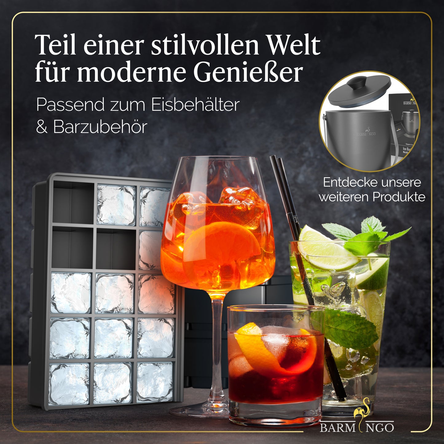 BARMINGO Eiswürfelform XXL mit Deckel | 3er Set | Farbe: Schwarz