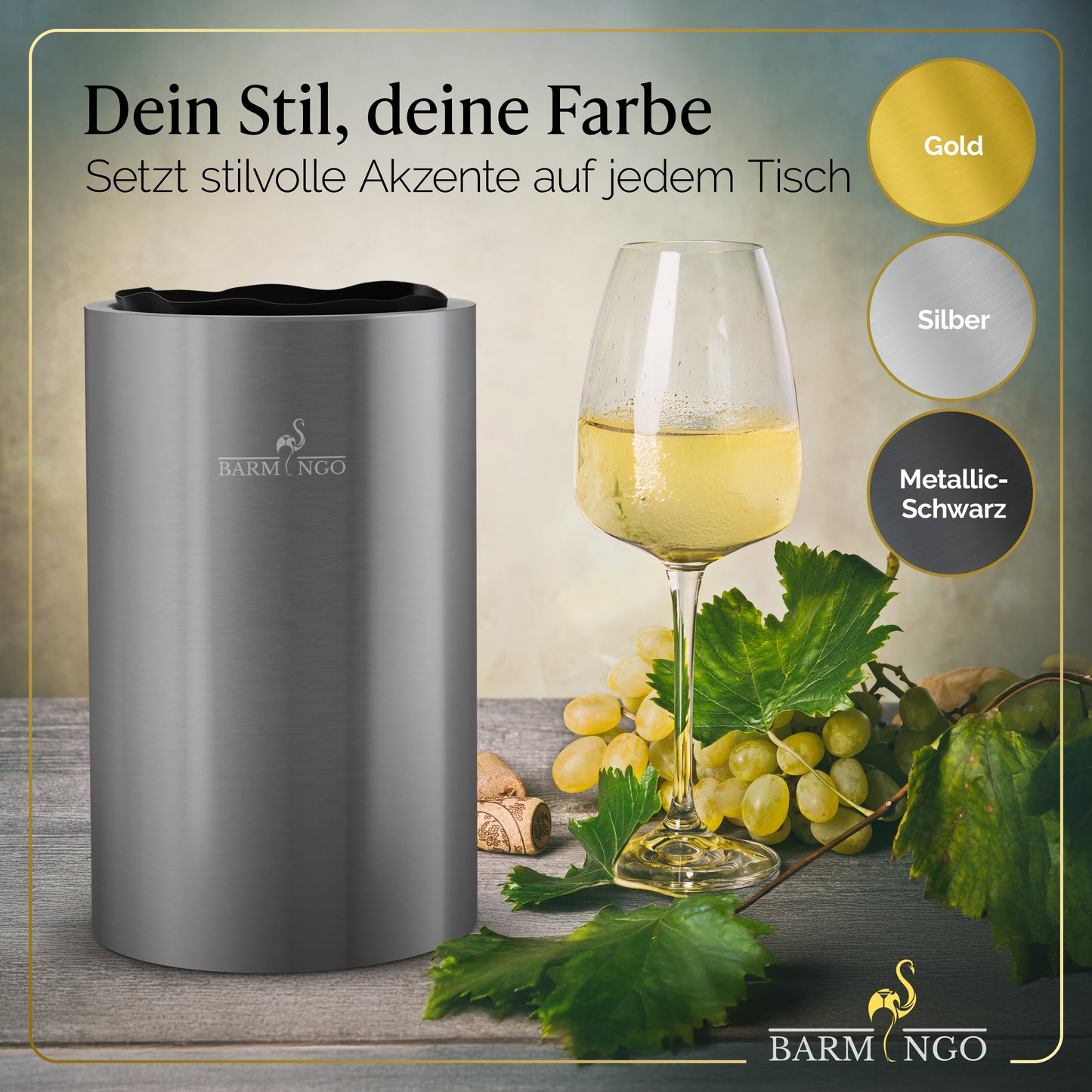 BARMINGO Weinkühler mit 2 Kühlakkus | Farbe: Silber| Für Wein, Sekt, Champagner | Edelstahl Flaschenkühler doppelwandig