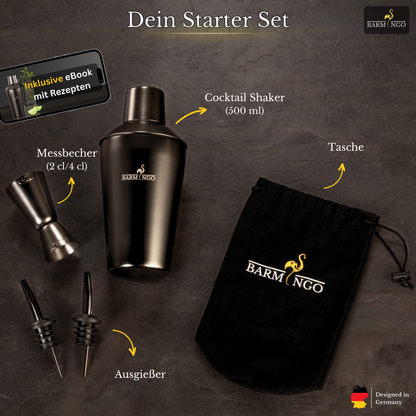 BARMINGO Cocktail Set 5-teilig | Farbe: Metallic-Schwarz | 500 ml Shaker Set mit Barzubehör und Transporttasche