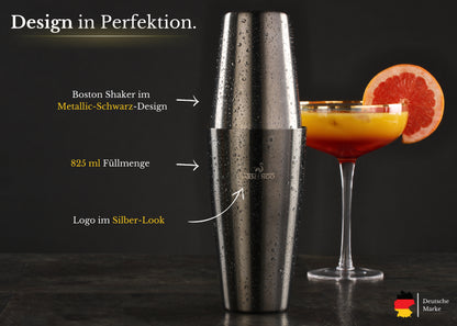BARMINGO Boston Cocktail Set 11-teilig | Farbe: Metallic-Schwarz | 825 ml Boston Set mit Holzständer und Barzubehör