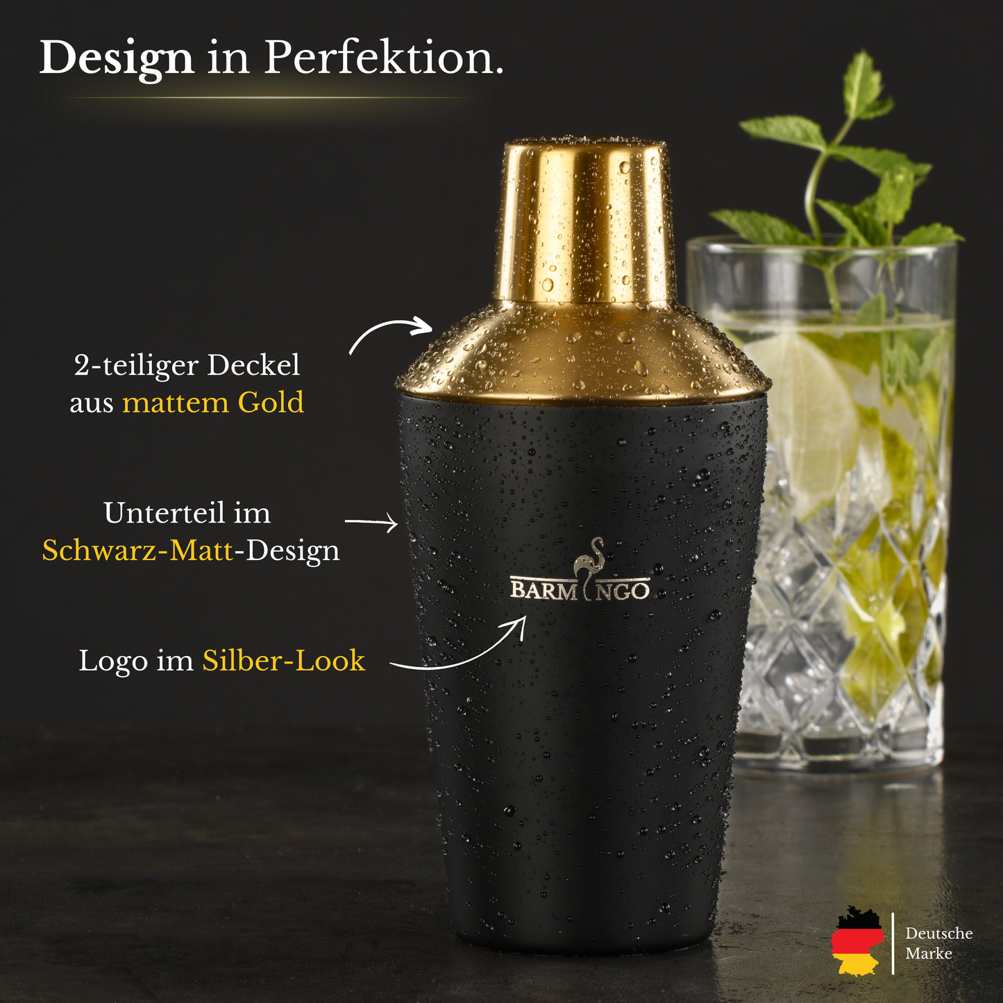 BARMINGO Cocktail Set 5-teilig | Farbe: Schwarz-Gold | 500 ml Shaker Set mit Barzubehör und Transporttasche