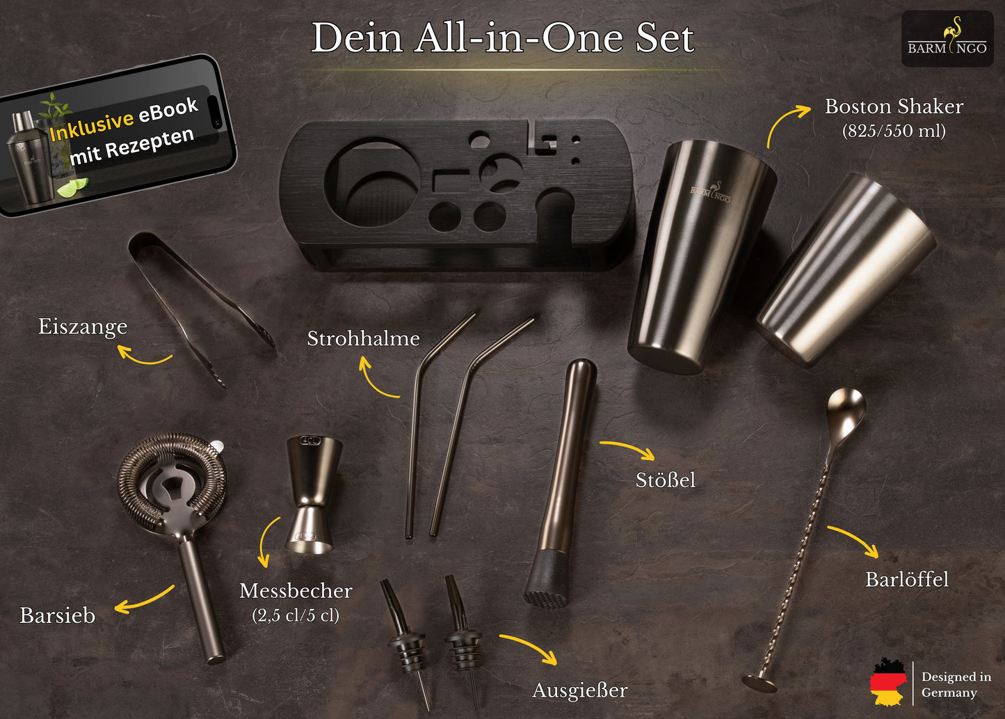 BARMINGO Boston Cocktail Set 11-teilig | Farbe: Metallic-Schwarz | 825 ml Boston Set mit Holzständer und Barzubehör