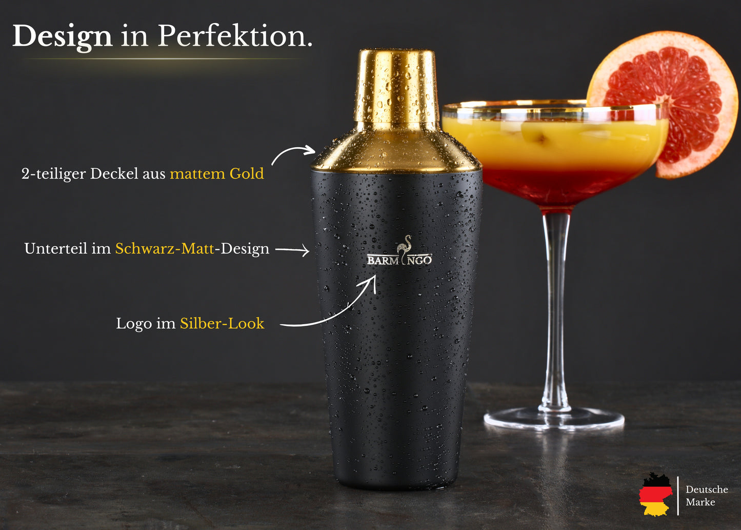 BARMINGO Cocktail Set 11-teilig | Farbe: Schwarz-Gold | 700 ml Shaker Set mit Holzständer und Barzubehör