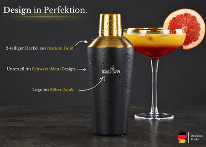 BARMINGO Cocktail Set 11-teilig | Farbe: Schwarz-Gold | 700 ml Shaker Set mit Holzständer und Barzubehör
