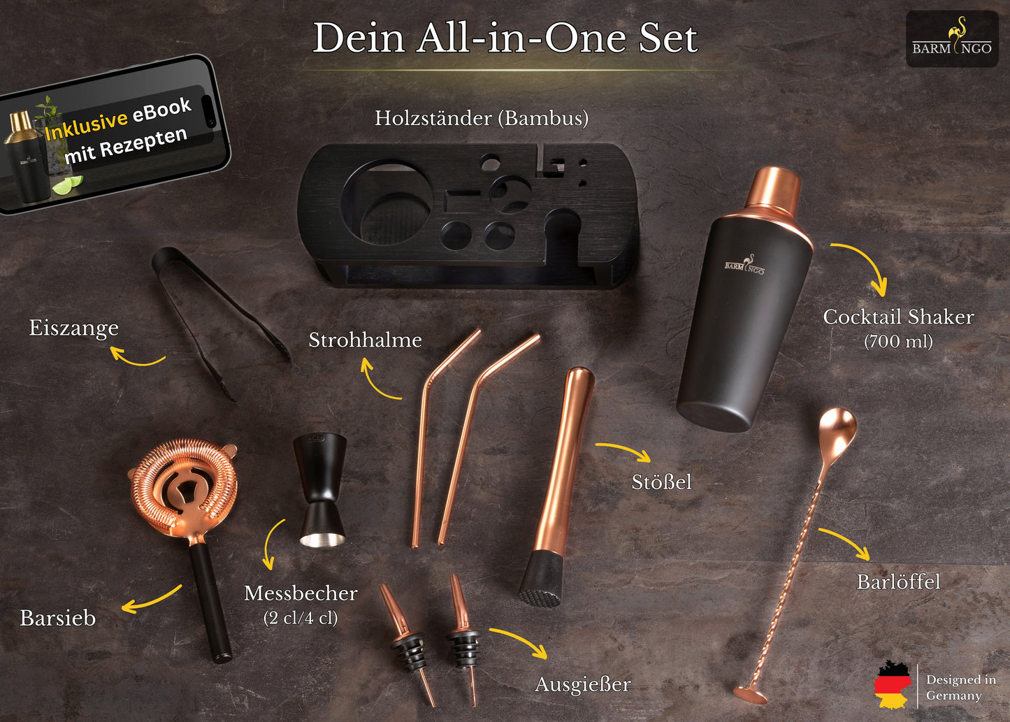 BARMINGO Cocktail Set 11-teilig | Farbe: Schwarz-Roségold | 700 ml Shaker Set mit Holzständer und Barzubehör