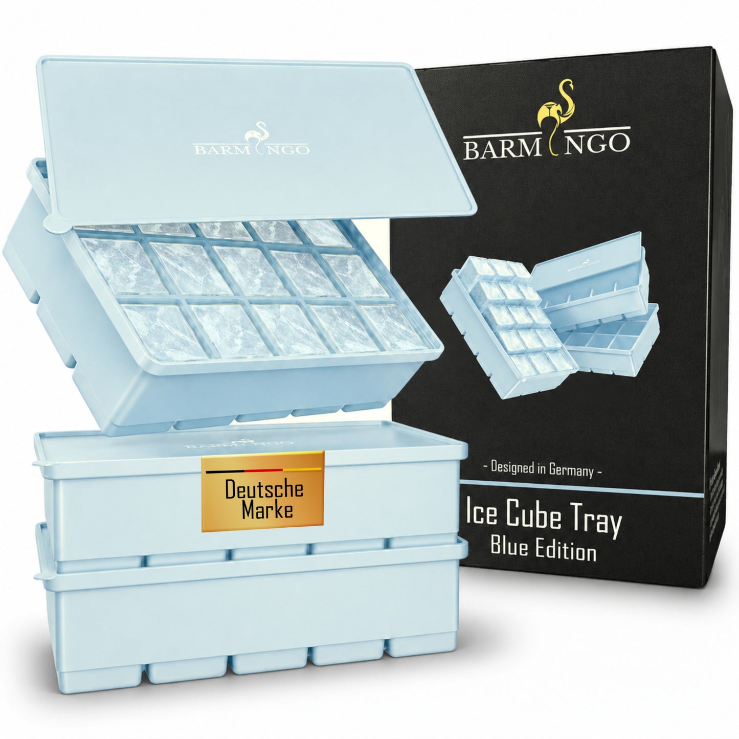 BARMINGO Eiswürfelform XXL mit Deckel | 3er Set | Farbe: Blau