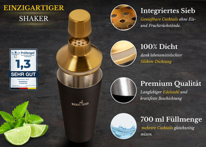 BARMINGO Cocktail Set 11-teilig | Farbe: Schwarz-Gold | 700 ml Shaker Set mit Holzständer und Barzubehör