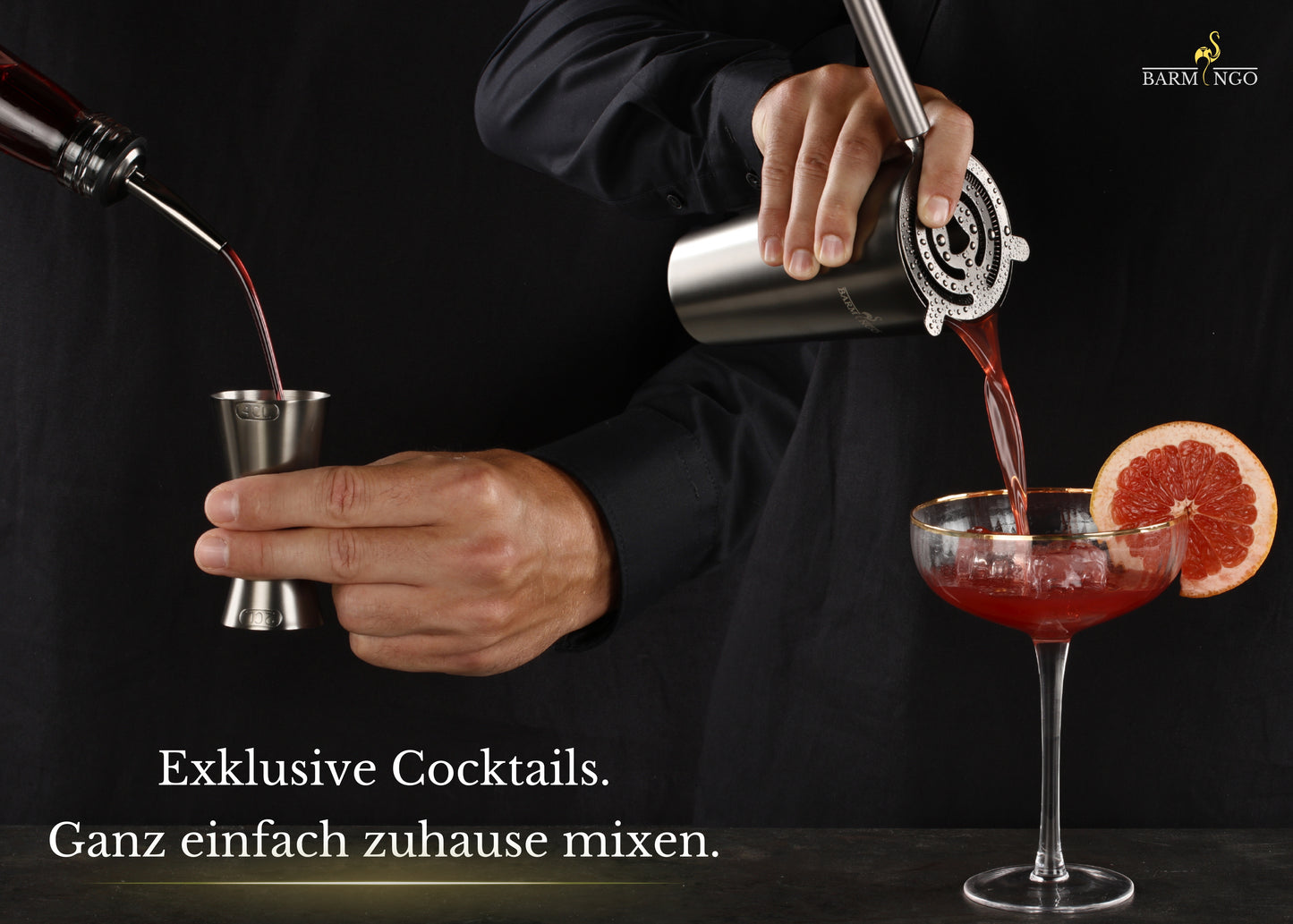 BARMINGO Boston Cocktail Set 11-teilig | Farbe: Metallic-Schwarz | 825 ml Boston Set mit Holzständer und Barzubehör