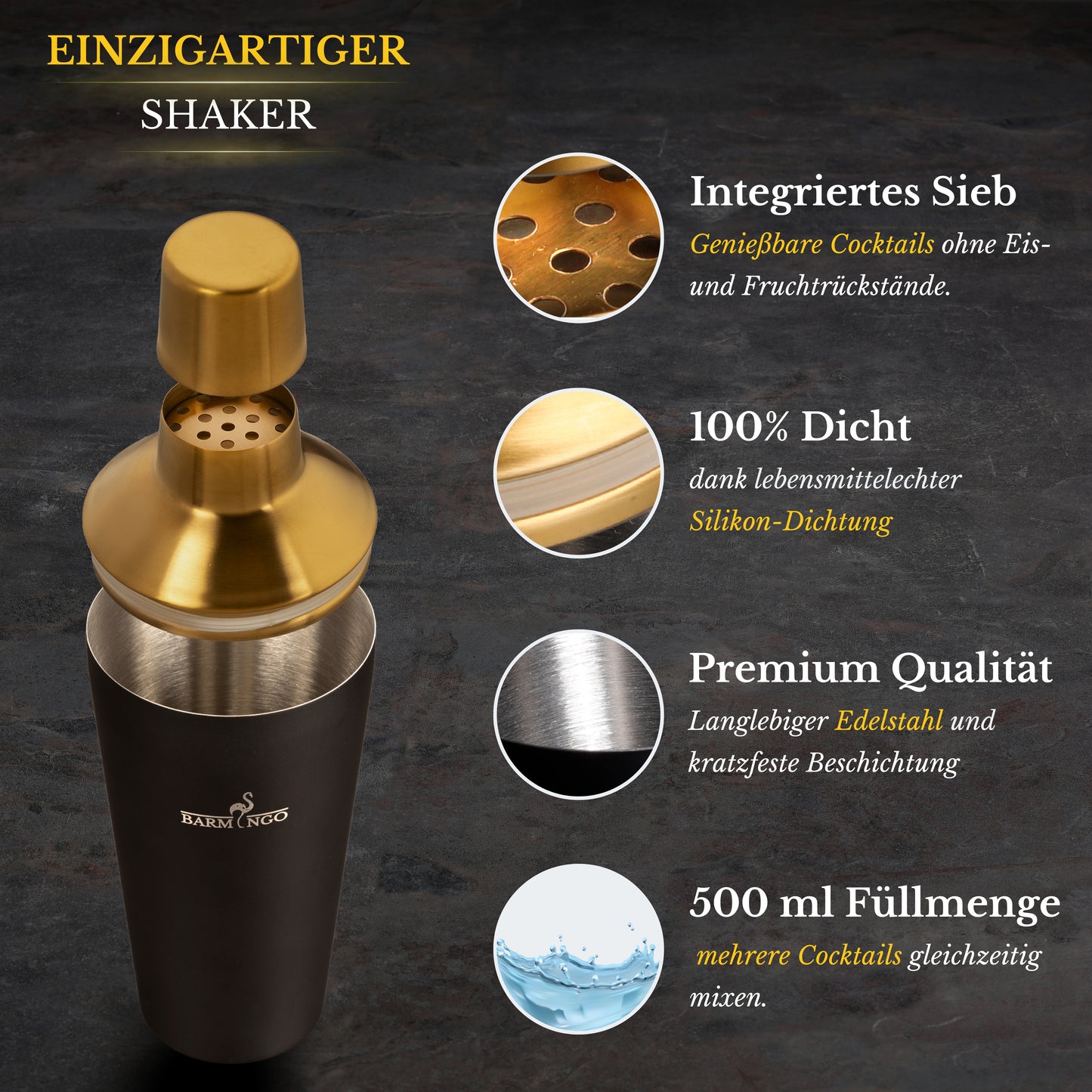 BARMINGO Cocktail Set 5-teilig | Farbe: Schwarz-Gold | 500 ml Shaker Set mit Barzubehör und Transporttasche