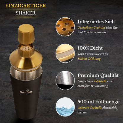 BARMINGO Cocktail Set 5-teilig | Farbe: Schwarz-Gold | 500 ml Shaker Set mit Barzubehör und Transporttasche