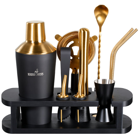 BARMINGO Cocktail Set 11-teilig | Farbe: Schwarz-Gold | 700 ml Shaker Set mit Holzständer und Barzubehör
