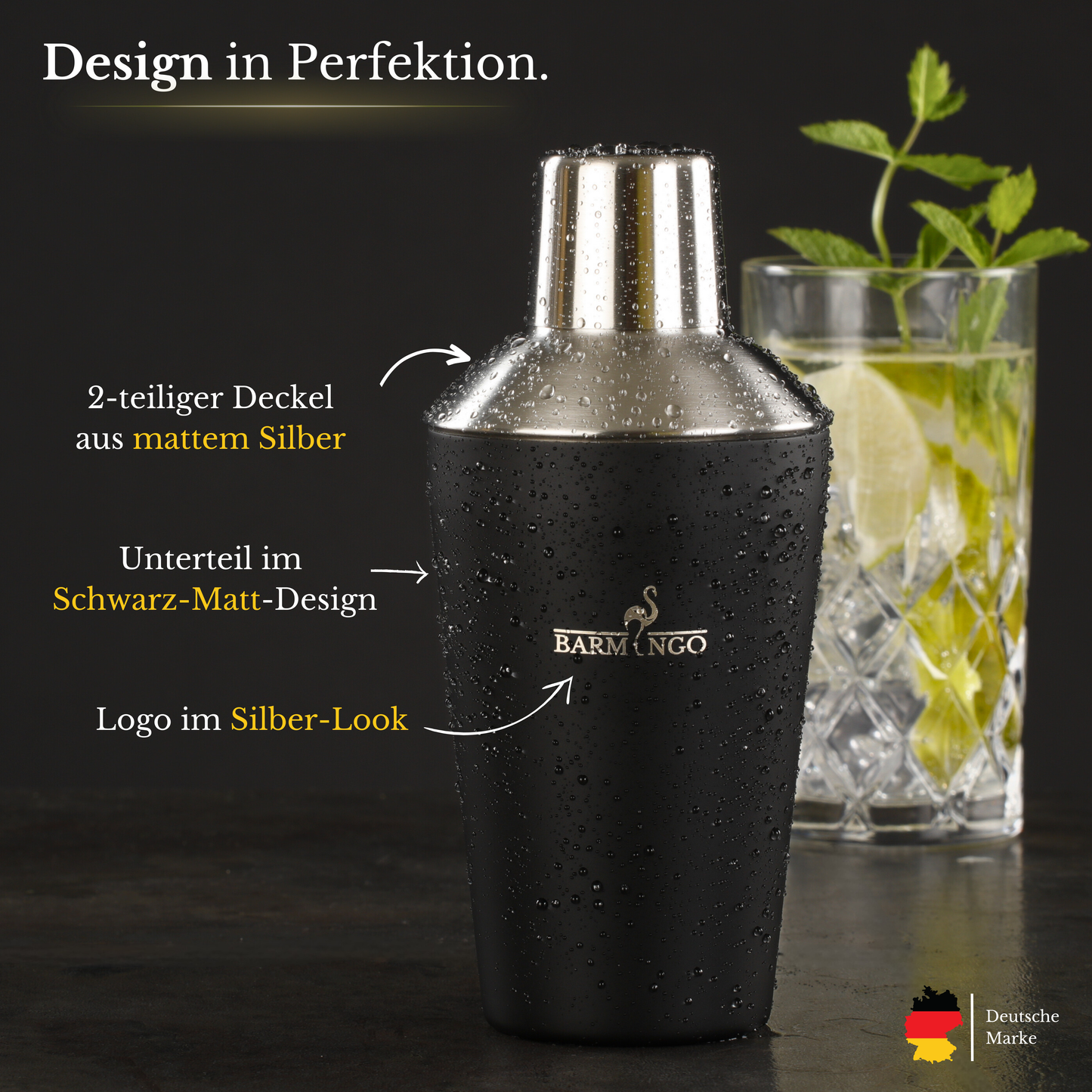 BARMINGO Cocktail Set 5-teilig | Farbe: Schwarz-Silber | 500 ml Shaker Set mit Barzubehör und Transporttasche