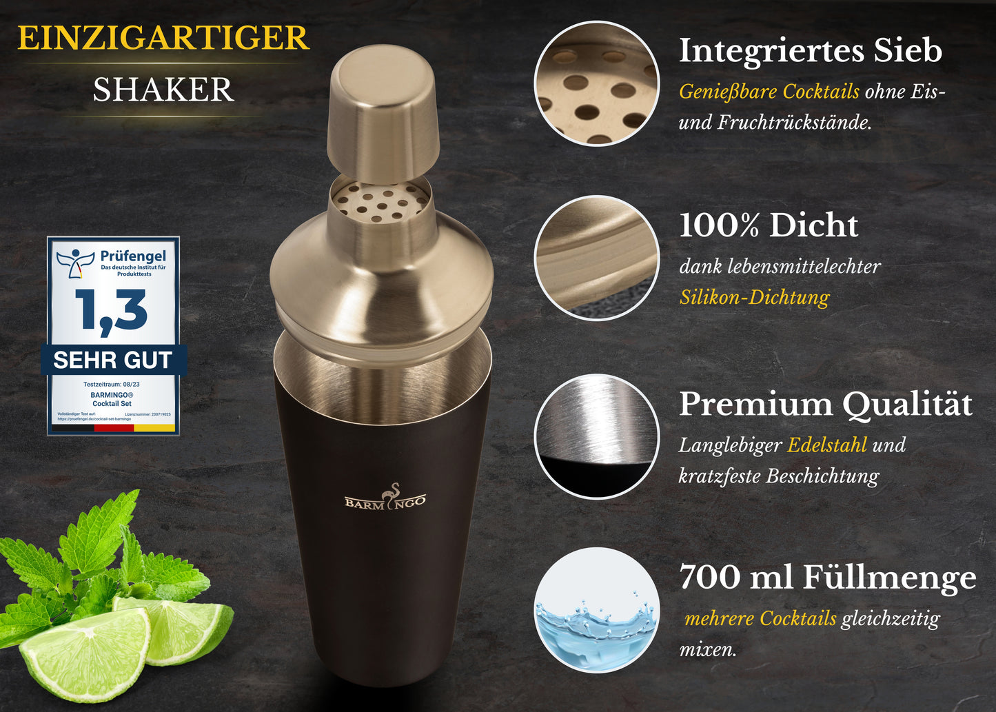 BARMINGO Cocktail Set 11-teilig | Farbe: Schwarz-Silber | 700 ml Shaker Set mit Holzständer und Barzubehör