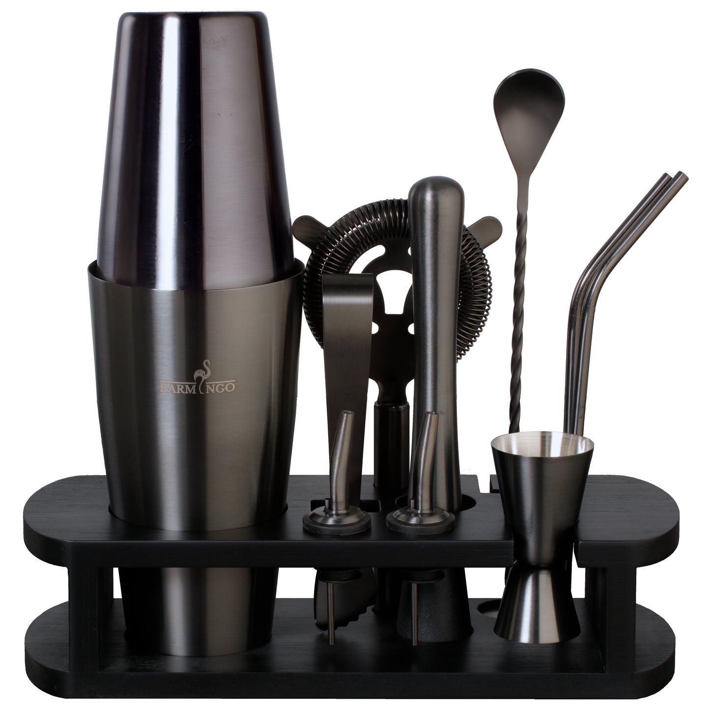 BARMINGO Boston Cocktail Set 11-teilig | Farbe: Metallic-Schwarz | 825 ml Boston Set mit Holzständer und Barzubehör