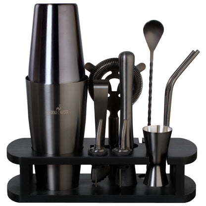 BARMINGO Boston Cocktail Set 11-teilig | Farbe: Metallic-Schwarz | 825 ml Boston Set mit Holzständer und Barzubehör