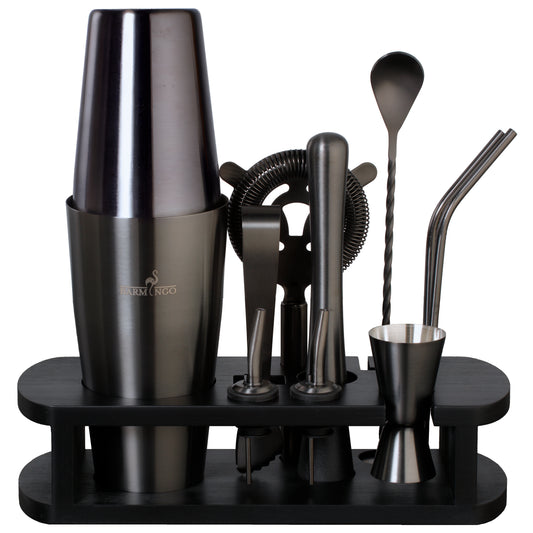 BARMINGO Boston Cocktail Set 11-teilig | Farbe: Metallic-Schwarz | 825 ml Boston Set mit Holzständer und Barzubehör