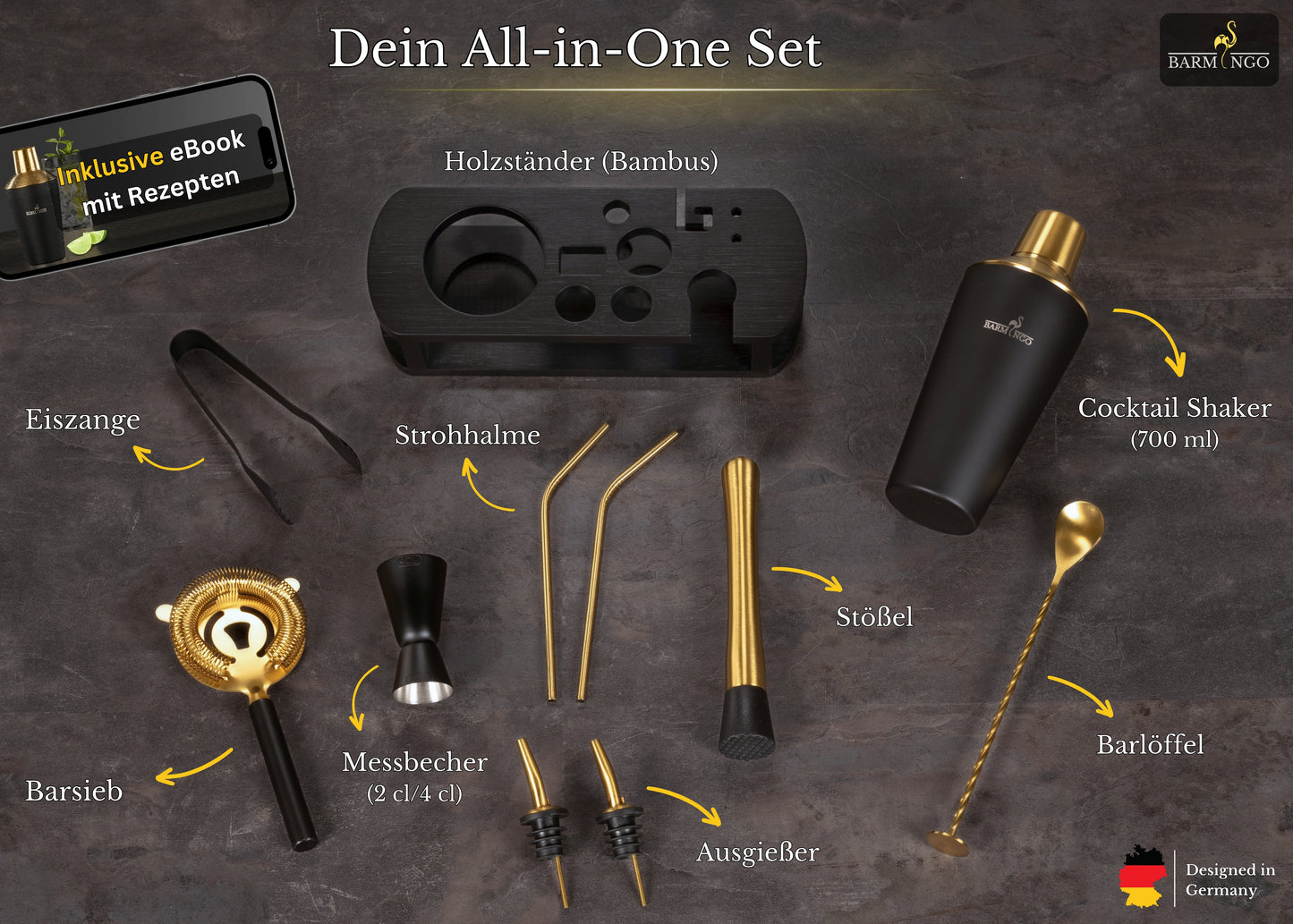BARMINGO Cocktail Set 11-teilig | Farbe: Schwarz-Gold | 700 ml Shaker Set mit Holzständer und Barzubehör
