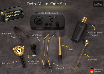 BARMINGO Cocktail Set 11-teilig | Farbe: Schwarz-Gold | 700 ml Shaker Set mit Holzständer und Barzubehör