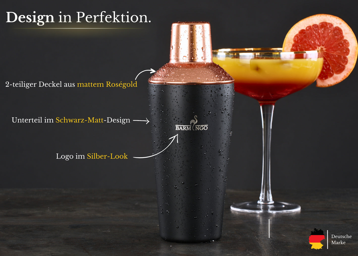 BARMINGO Cocktail Set 11-teilig | Farbe: Schwarz-Roségold | 700 ml Shaker Set mit Holzständer und Barzubehör