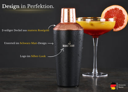 BARMINGO Cocktail Set 11-teilig | Farbe: Schwarz-Roségold | 700 ml Shaker Set mit Holzständer und Barzubehör