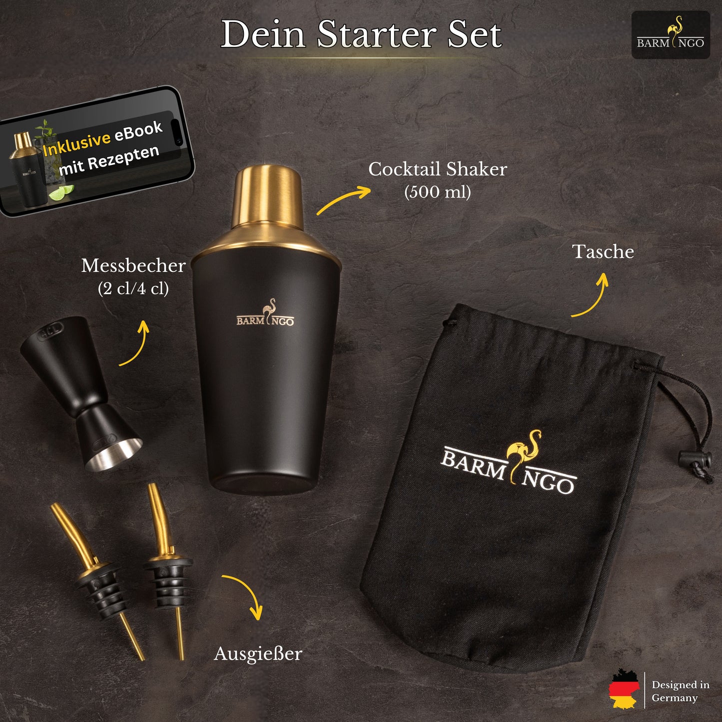 BARMINGO Cocktail Set 5-teilig | Farbe: Schwarz-Gold | 500 ml Shaker Set mit Barzubehör und Transporttasche