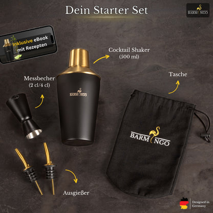 BARMINGO Cocktail Set 5-teilig | Farbe: Schwarz-Gold | 500 ml Shaker Set mit Barzubehör und Transporttasche