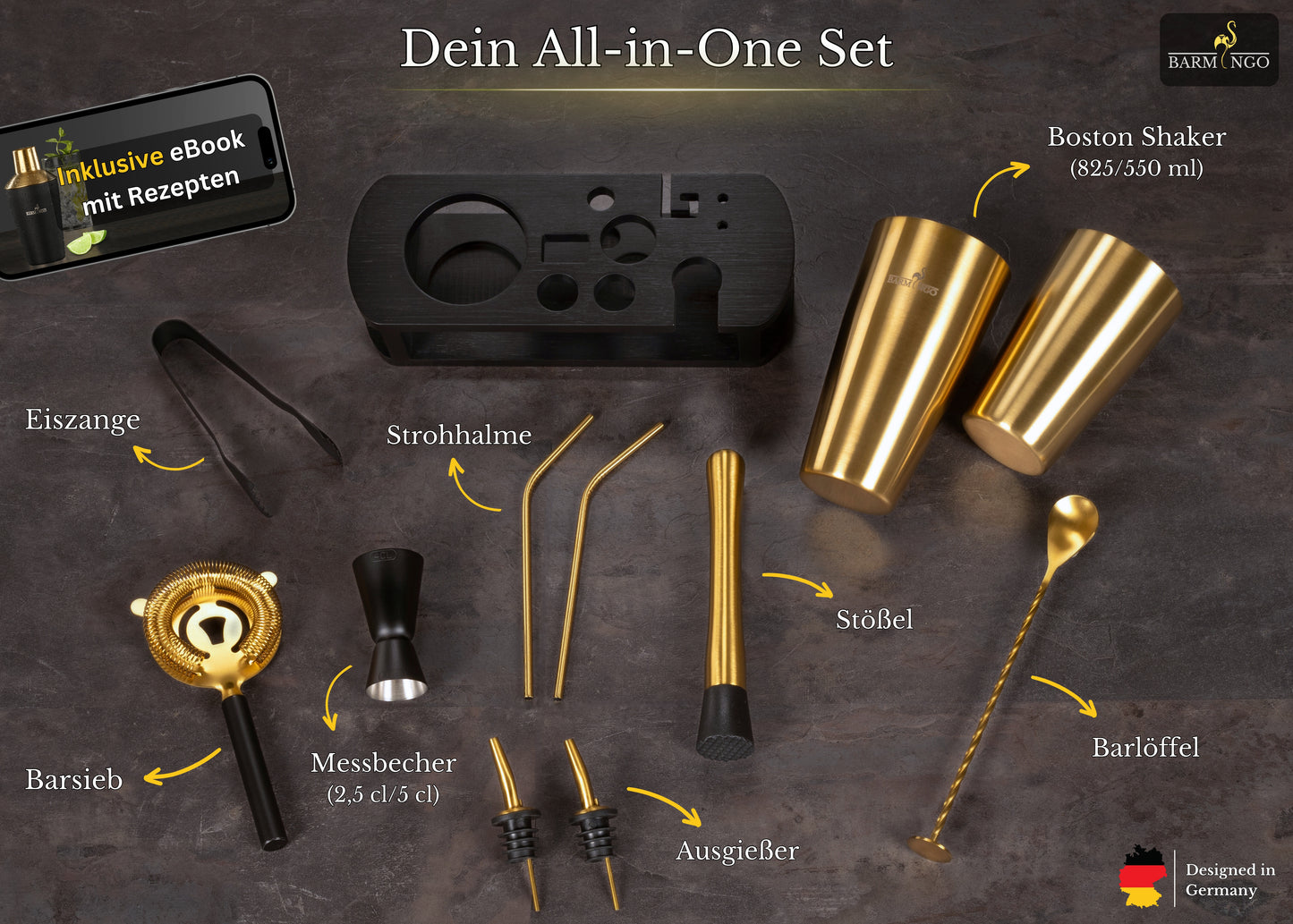 BARMINGO Boston Cocktail Set 11-teilig | Farbe: Gold | 825 ml Boston Set mit Holzständer und Barzubehör