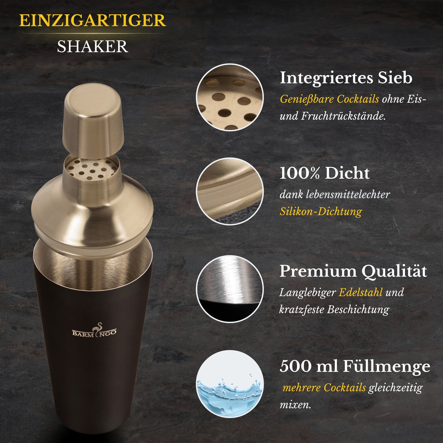 BARMINGO Cocktail Set 5-teilig | Farbe: Schwarz-Silber | 500 ml Shaker Set mit Barzubehör und Transporttasche