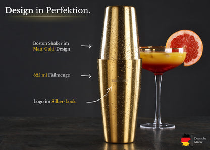 BARMINGO Boston Cocktail Set 11-teilig | Farbe: Gold | 825 ml Boston Set mit Holzständer und Barzubehör