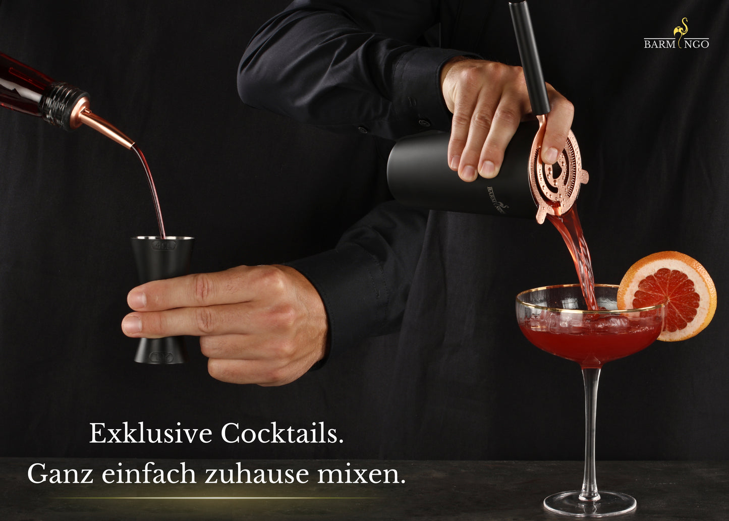 BARMINGO Cocktail Set 11-teilig | Farbe: Schwarz-Roségold | 700 ml Shaker Set mit Holzständer und Barzubehör