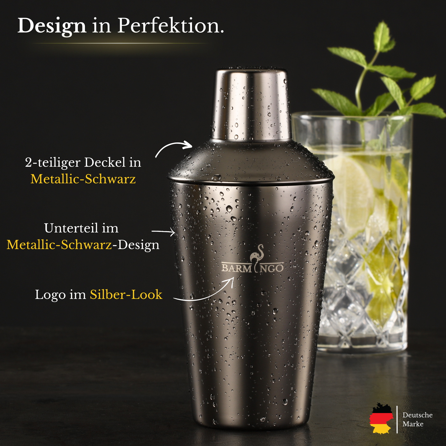BARMINGO Cocktail Set 5-teilig | Farbe: Metallic-Schwarz | 500 ml Shaker Set mit Barzubehör und Transporttasche