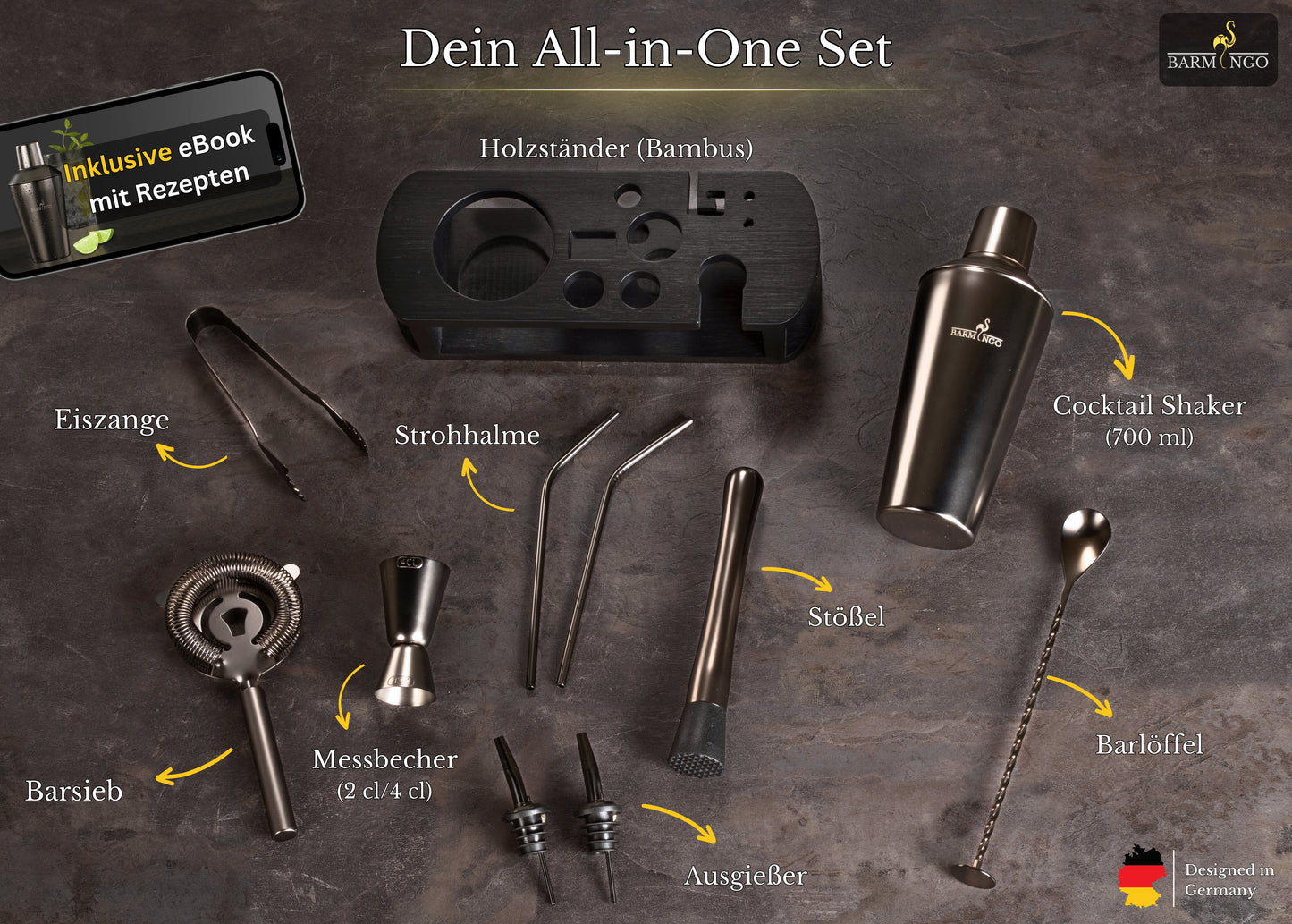 BARMINGO Cocktail Set 11-teilig | Farbe: Metallic-Schwarz | 700 ml Shaker Set mit Holzständer und Barzubehör