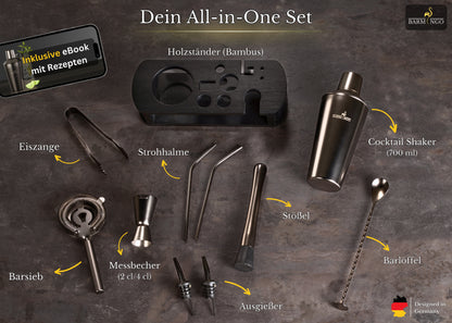 BARMINGO Cocktail Set 11-teilig | Farbe: Metallic-Schwarz | 700 ml Shaker Set mit Holzständer und Barzubehör