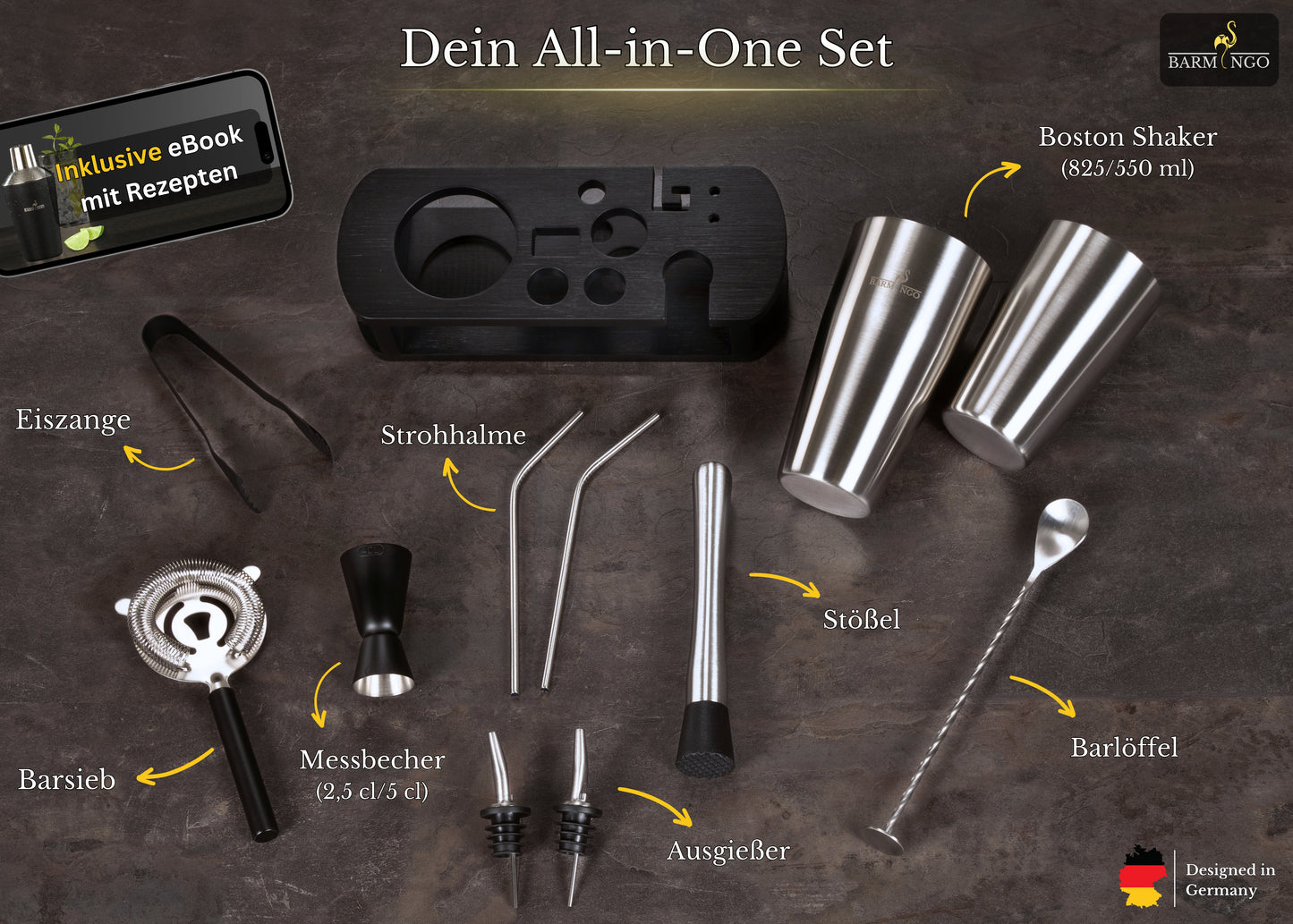 BARMINGO Boston Cocktail Set 11-teilig | Farbe: Silber | 825 ml Boston Set mit Holzständer und Barzubehör