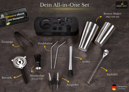 BARMINGO Boston Cocktail Set 11-teilig | Farbe: Silber | 825 ml Boston Set mit Holzständer und Barzubehör