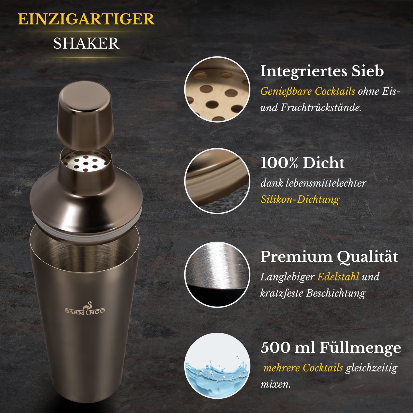 BARMINGO Cocktail Set 5-teilig | Farbe: Metallic-Schwarz | 500 ml Shaker Set mit Barzubehör und Transporttasche