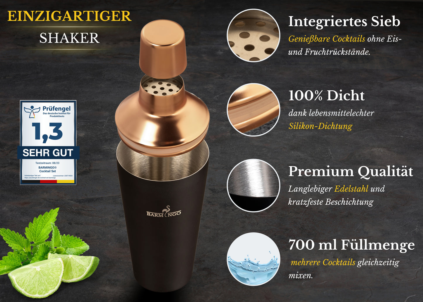 BARMINGO Cocktail Set 11-teilig | Farbe: Schwarz-Roségold | 700 ml Shaker Set mit Holzständer und Barzubehör