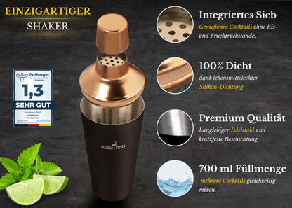 BARMINGO Cocktail Set 11-teilig | Farbe: Schwarz-Roségold | 700 ml Shaker Set mit Holzständer und Barzubehör