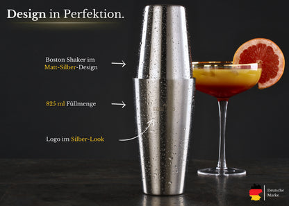 BARMINGO Boston Cocktail Set 11-teilig | Farbe: Silber | 825 ml Boston Set mit Holzständer und Barzubehör
