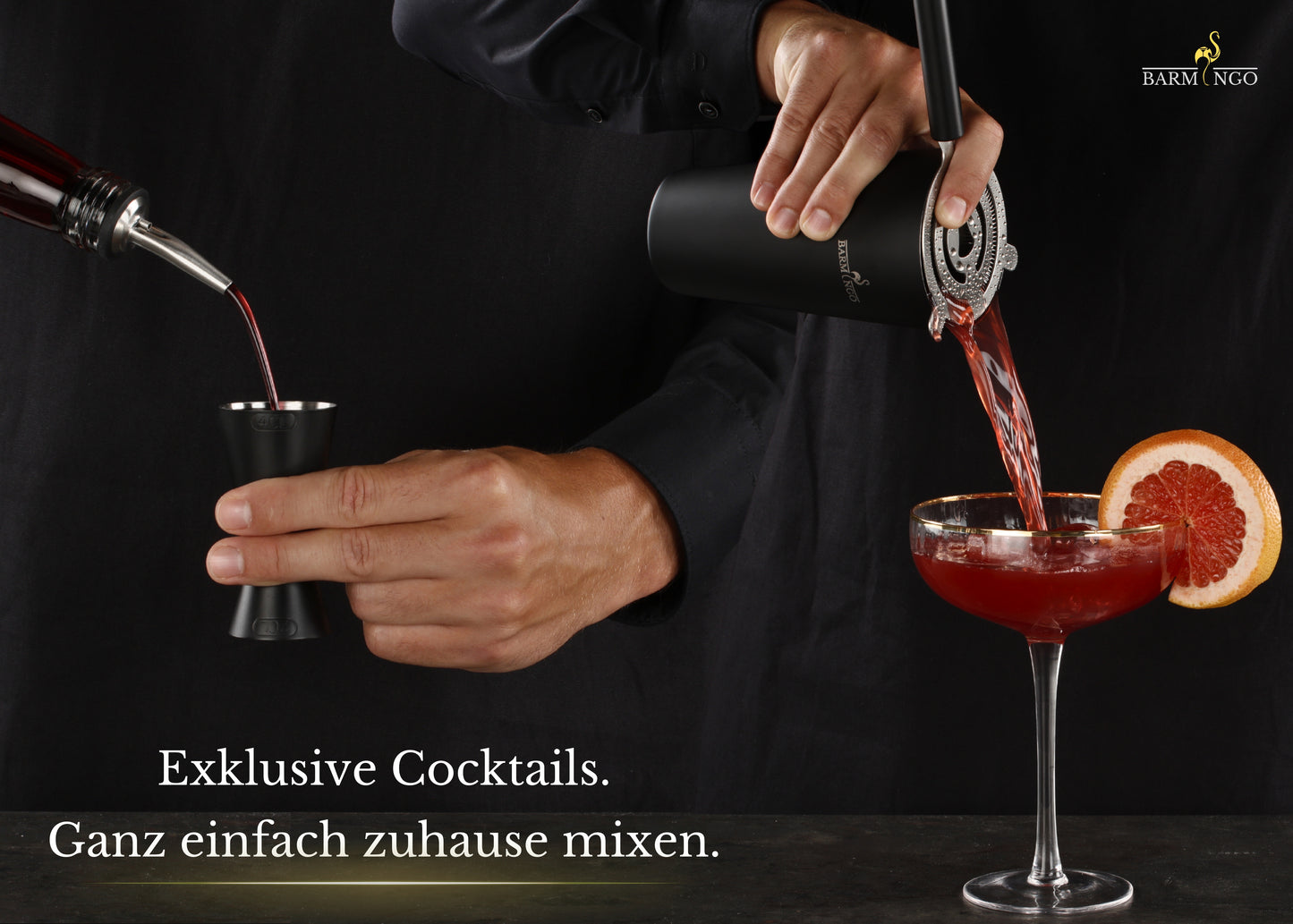 BARMINGO Cocktail Set 11-teilig | Farbe: Schwarz-Silber | 700 ml Shaker Set mit Holzständer und Barzubehör