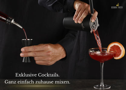 BARMINGO Cocktail Set 11-teilig | Farbe: Schwarz-Silber | 700 ml Shaker Set mit Holzständer und Barzubehör