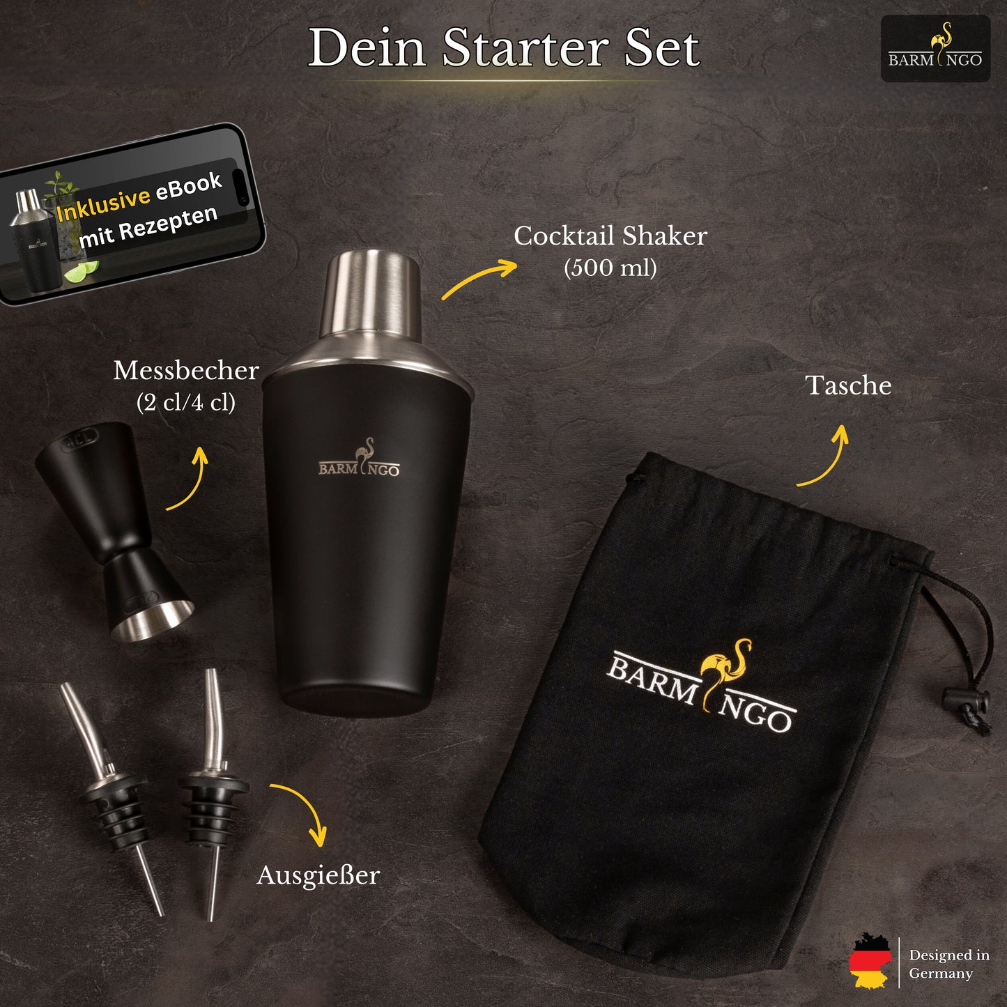 BARMINGO Cocktail Set 5-teilig | Farbe: Schwarz-Silber | 500 ml Shaker Set mit Barzubehör und Transporttasche