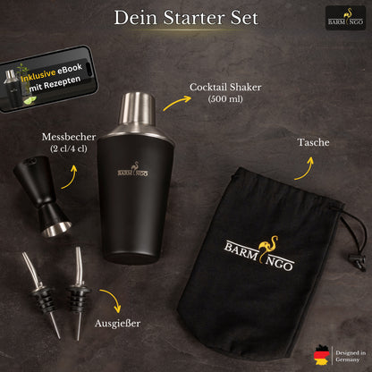 BARMINGO Cocktail Set 5-teilig | Farbe: Schwarz-Silber | 500 ml Shaker Set mit Barzubehör und Transporttasche