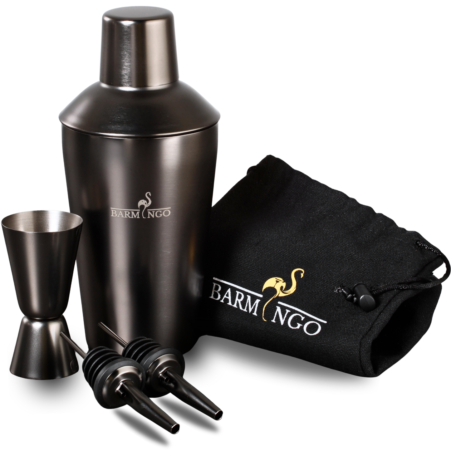 BARMINGO Cocktail Set 5-teilig | Farbe: Metallic-Schwarz | 500 ml Shaker Set mit Barzubehör und Transporttasche