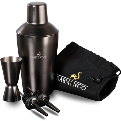 BARMINGO Cocktail Set 5-teilig | Farbe: Metallic-Schwarz | 500 ml Shaker Set mit Barzubehör und Transporttasche