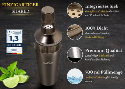 BARMINGO Cocktail Set 11-teilig | Farbe: Metallic-Schwarz | 700 ml Shaker Set mit Holzständer und Barzubehör