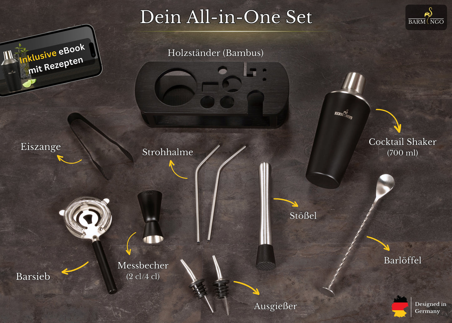 BARMINGO Cocktail Set 11-teilig | Farbe: Schwarz-Silber | 700 ml Shaker Set mit Holzständer und Barzubehör
